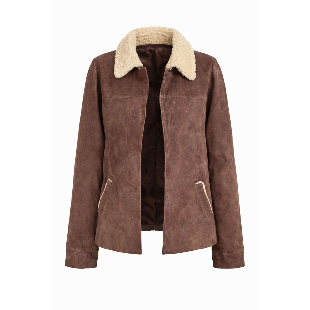 Denim & Co Genuine Leather Jacket Large Brown Sherpa Collar Coat